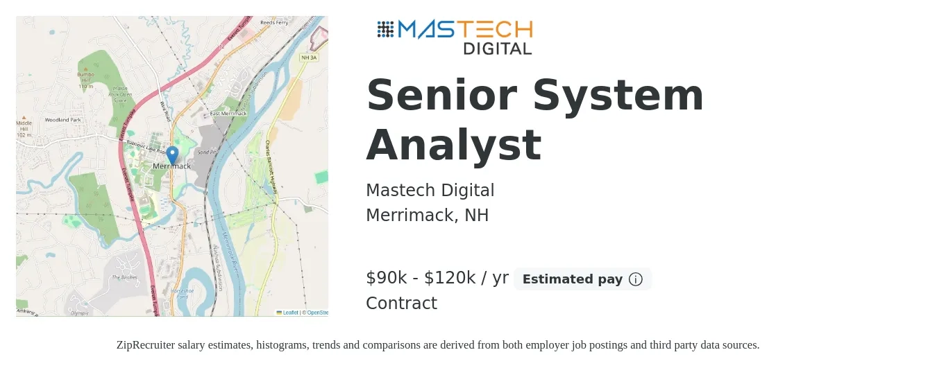 Mastech Digital job posting for a Senior System Analyst in Merrimack, NH with a salary of $90,000 to $120,000 Yearly with a map of Merrimack location.
