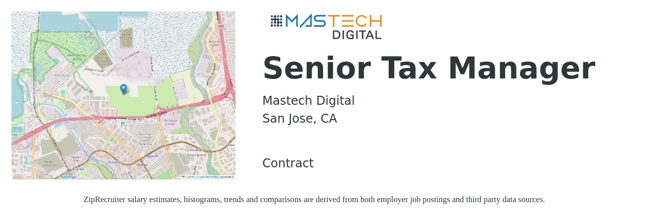 Mastech Digital job posting for a Senior Tax Manager in San Jose, CA with a salary of $106,700 to $168,800 Yearly with a map of San Jose location.