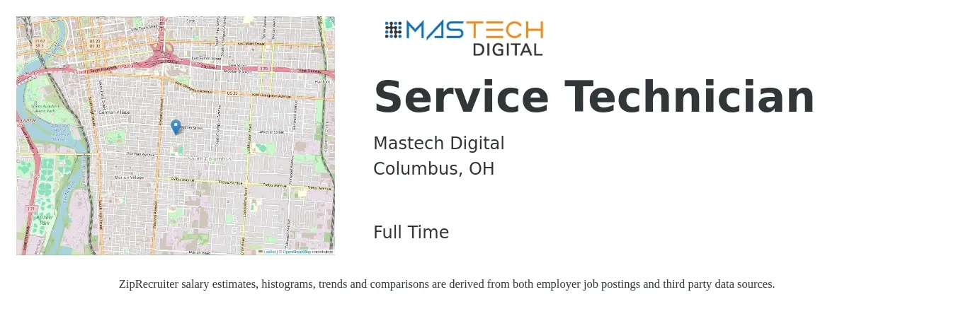 Mastech Digital job posting for a Service Technician in Columbus, OH with a salary of $19 to $27 Hourly with a map of Columbus location.