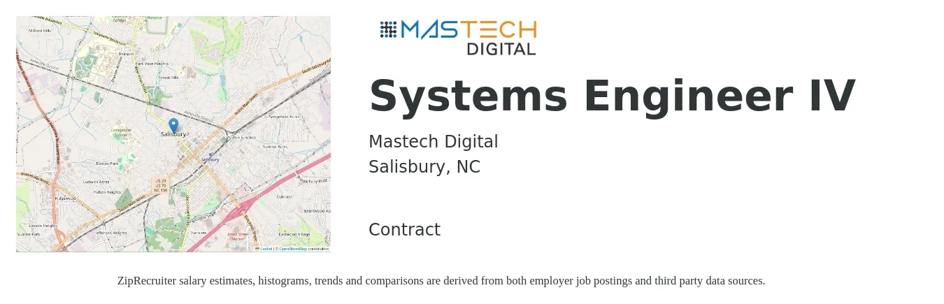 Mastech Digital job posting for a Systems Engineer IV in Salisbury, NC with a salary of $88,600 to $141,900 Yearly with a map of Salisbury location.