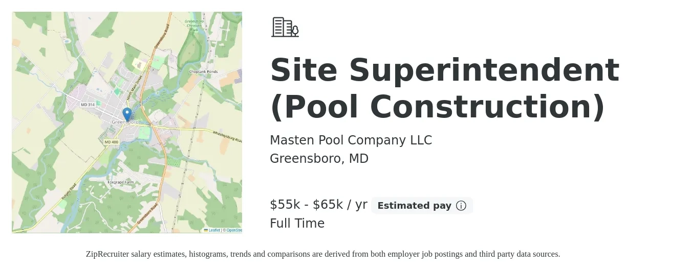 Masten Pool Company LLC job posting for a Site Superintendent (Pool Construction) in Greensboro, MD with a salary of $55,000 to $65,000 Yearly and benefits including pto with a map of Greensboro location.