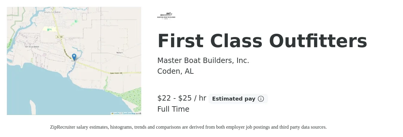 Master Boat Builders, Inc. job posting for a First Class Outfitters in Coden, AL with a salary of $23 to $27 Hourly with a map of Coden location.