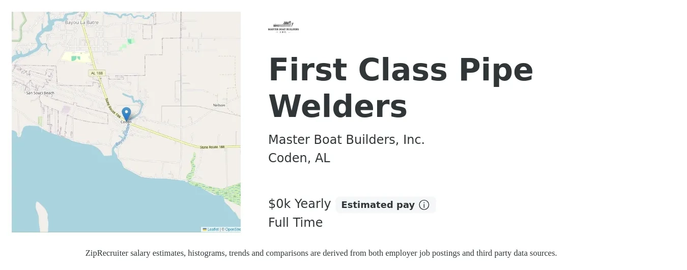 Master Boat Builders, Inc. job posting for a First Class Pipe Welders in Coden, AL with a salary of $28 to $32 Yearly with a map of Coden location.