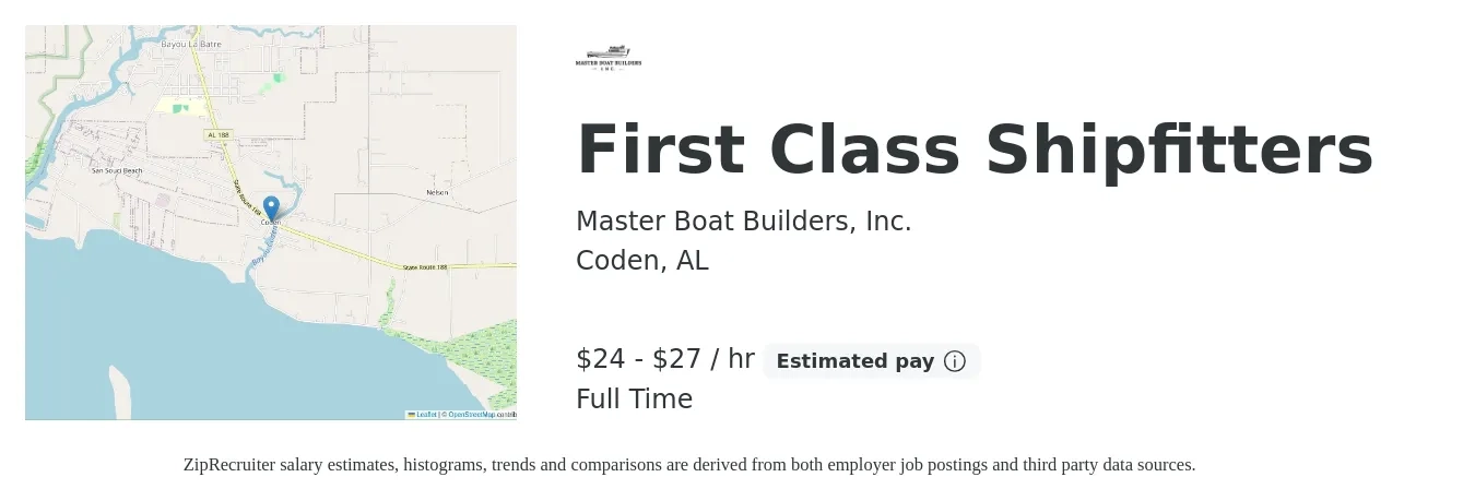 Master Boat Builders, Inc. job posting for a First Class Shipfitters in Coden, AL with a salary of $25 to $29 Hourly with a map of Coden location.