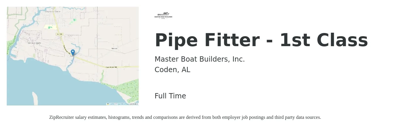 Master Boat Builders, Inc. job posting for a Pipe Fitter - 1st Class in Coden, AL with a salary of $24 to $30 Hourly with a map of Coden location.