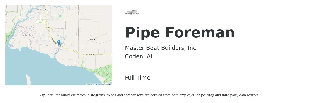 Master Boat Builders, Inc. job posting for a Pipe Foreman in Coden, AL with a salary of $27 to $38 Hourly with a map of Coden location.
