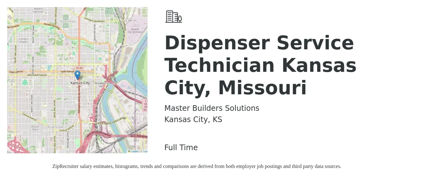 Master Builders Solutions job posting for a Dispenser Service Technician Kansas City, Missouri in Kansas City, KS with a salary of $19 to $29 Hourly with a map of Kansas City location.