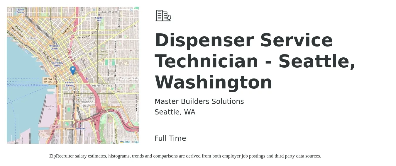 Master Builders Solutions job posting for a Dispenser Service Technician - Seattle, Washington in Seattle, WA with a salary of $23 to $34 Hourly with a map of Seattle location.
