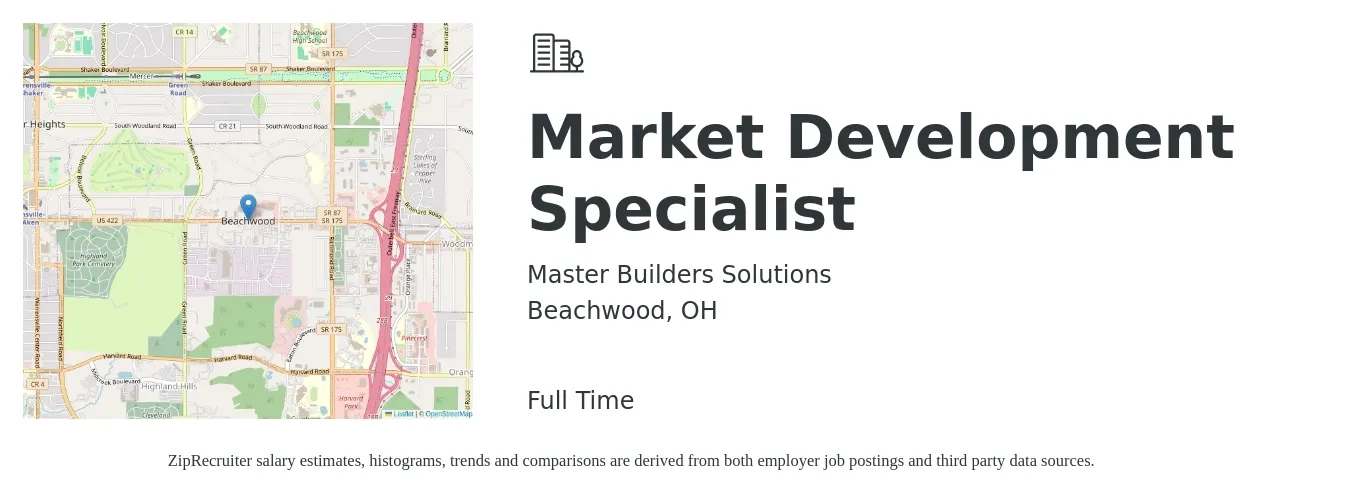 Master Builders Solutions job posting for a Market Development Specialist in Beachwood, OH with a salary of $50,000 to $75,500 Yearly with a map of Beachwood location.