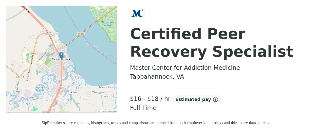 Master Center for Addiction Medicine job posting for a Certified Peer Recovery Specialist in Tappahannock, VA with a salary of $17 to $19 Hourly with a map of Tappahannock location.