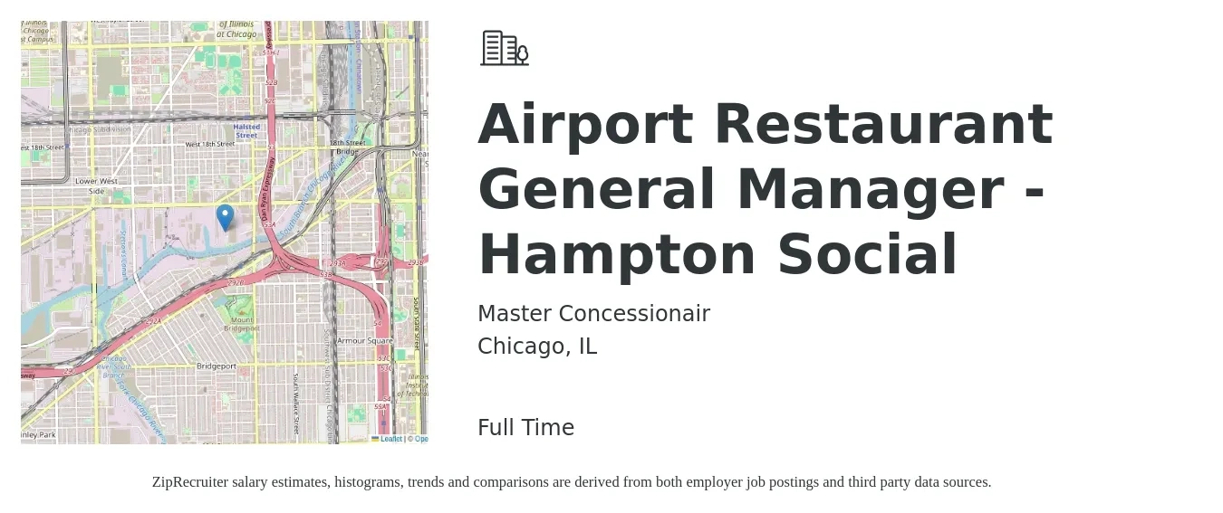 Master Concessionair job posting for a Airport Restaurant General Manager - Hampton Social in Chicago, IL with a salary of $65,000 to $75,000 Yearly with a map of Chicago location.