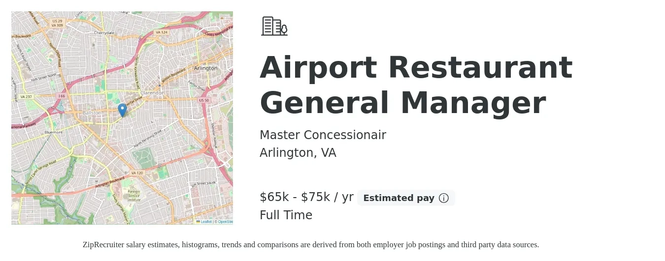 Master Concessionair job posting for a Airport Restaurant General Manager in Arlington, VA with a salary of $65,000 to $75,000 Yearly with a map of Arlington location.