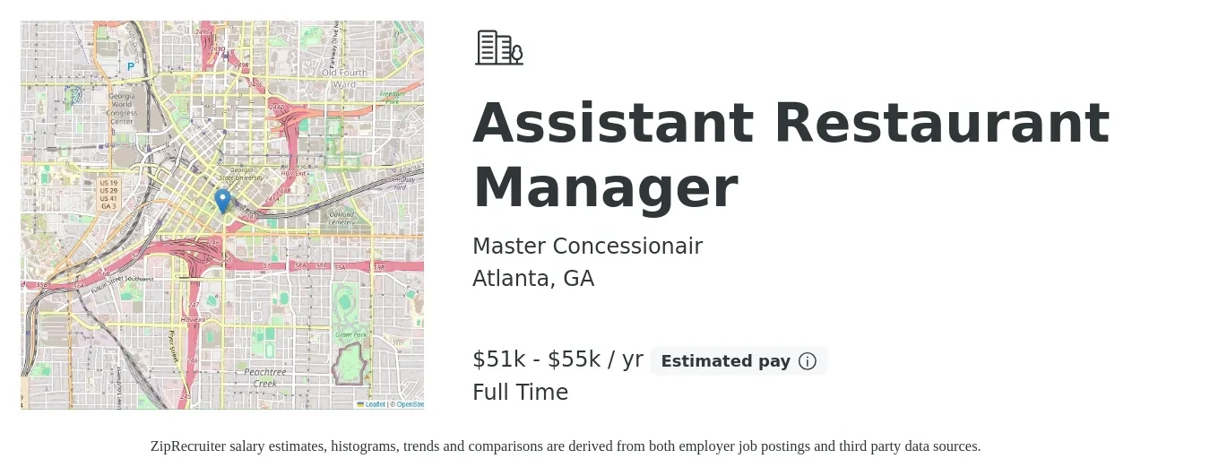 Master Concessionair job posting for a Assistant Restaurant Manager in Atlanta, GA with a salary of $51,000 to $55,000 Yearly with a map of Atlanta location.
