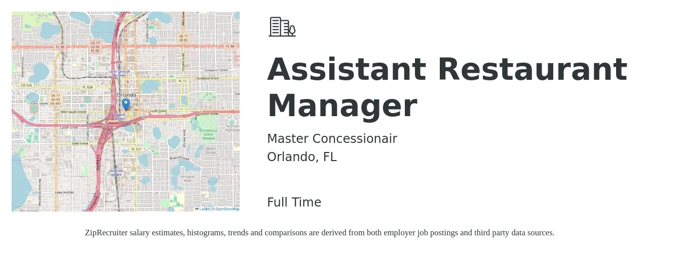 Master Concessionair job posting for a Assistant Restaurant Manager in Orlando, FL with a salary of $45,000 to $50,000 Yearly with a map of Orlando location.