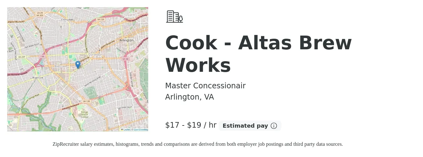 Master Concessionair job posting for a Cook - Altas Brew Works in Arlington, VA with a salary of $18 to $20 Hourly with a map of Arlington location.