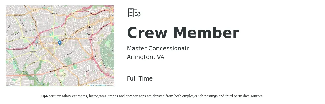 Master Concessionair job posting for a Crew Member in Arlington, VA with a salary of $14 to $18 Hourly with a map of Arlington location.