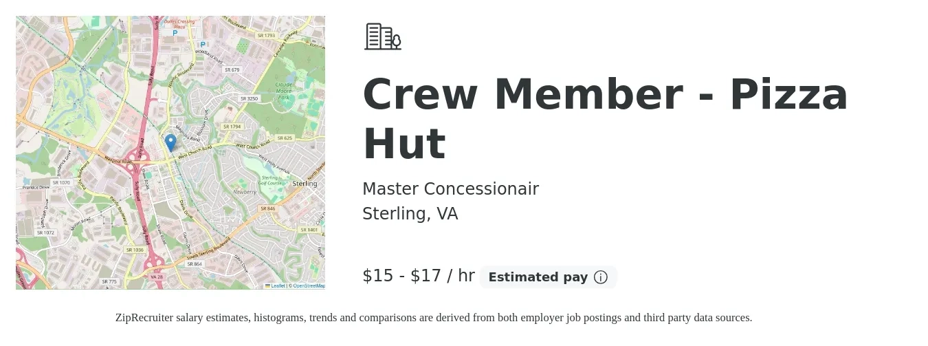 Master Concessionair job posting for a Crew Member - Pizza Hut in Sterling, VA with a salary of $16 to $18 Hourly with a map of Sterling location.