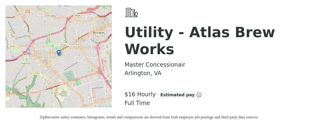 Master Concessionair job posting for a Utility - Atlas Brew Works in Arlington, VA with a salary of $17 Hourly with a map of Arlington location.