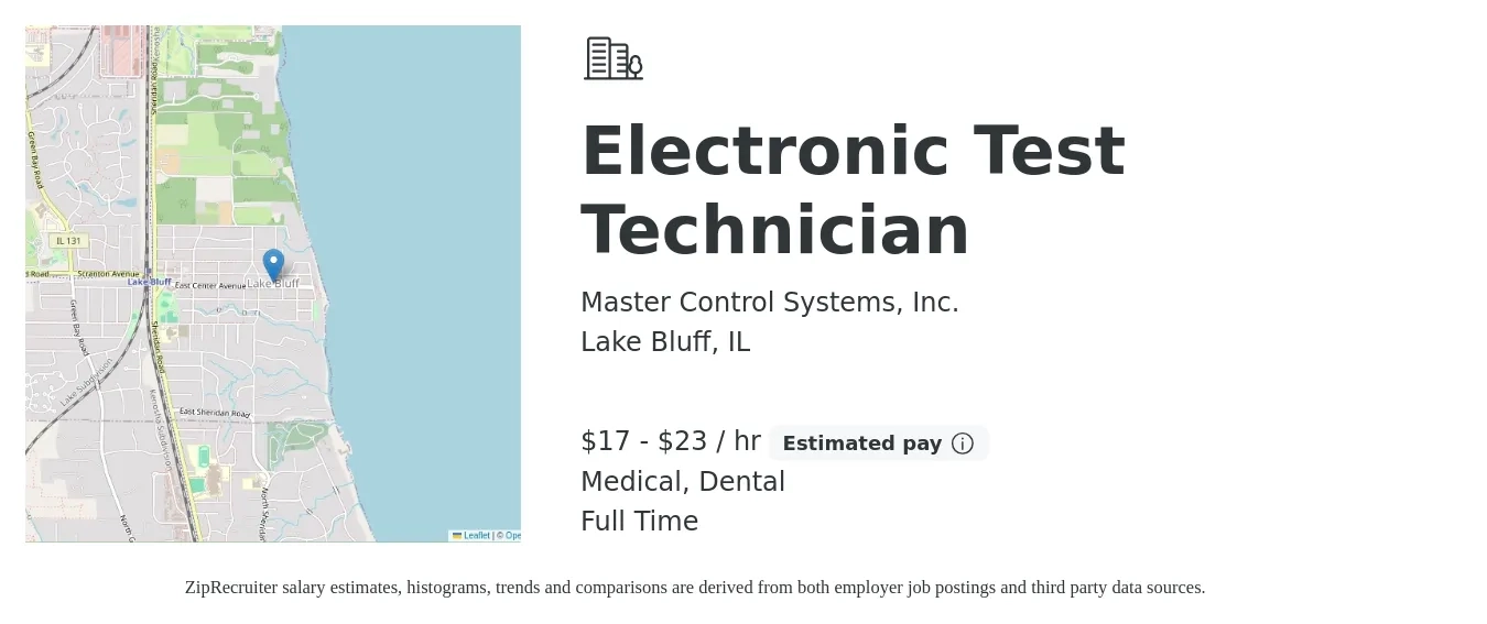 Master Control Systems, Inc. job posting for a Electronic Test Technician in Lake Bluff, IL with a salary of $18 to $24 Hourly and benefits including medical, pto, retirement, dental, and life_insurance with a map of Lake Bluff location.