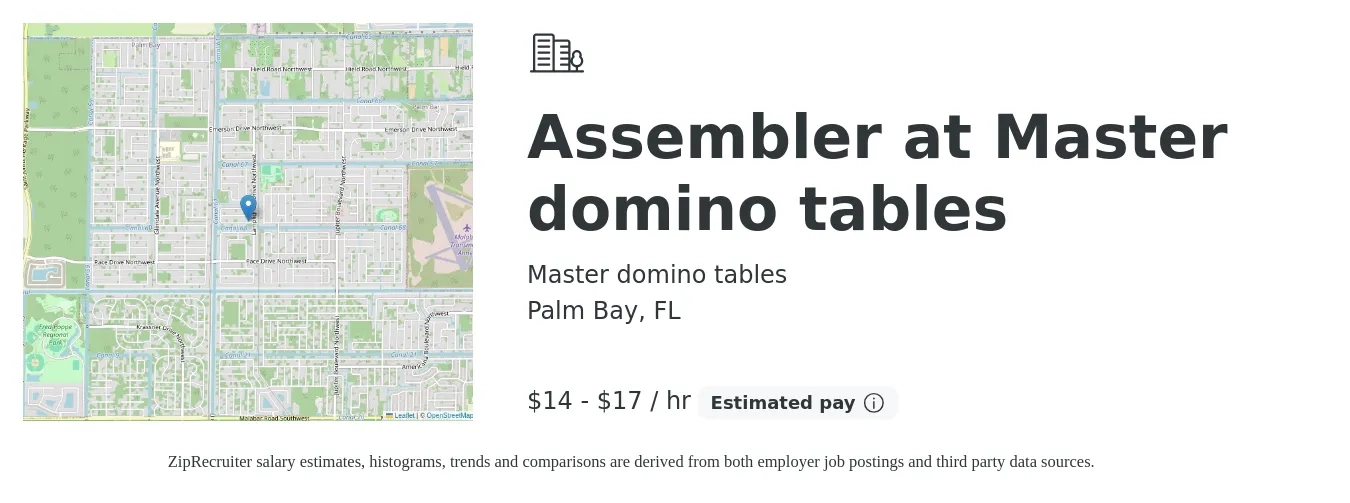 Master domino tables job posting for a Assembler at Master domino tables in Palm Bay, FL with a salary of $15 to $18 Hourly with a map of Palm Bay location.