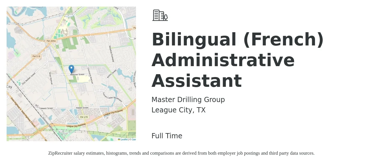Master Drilling Group job posting for a Bilingual (French) Administrative Assistant in League City, TX with a salary of $15 to $19 Hourly with a map of League City location.