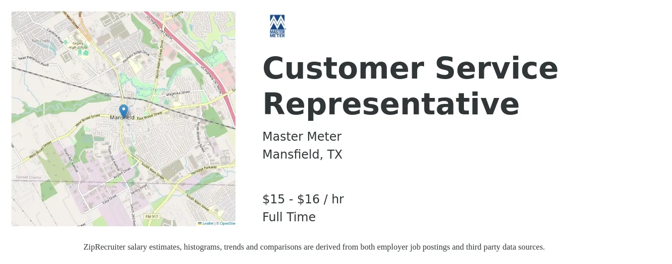 Master Meter job posting for a Customer Service Representative in Mansfield, TX with a salary of $16 to $17 Hourly with a map of Mansfield location.