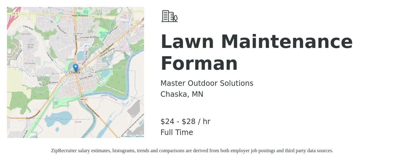 Master Outdoor Solutions job posting for a Lawn Maintenance Forman in Chaska, MN with a salary of $25 to $30 Hourly with a map of Chaska location.