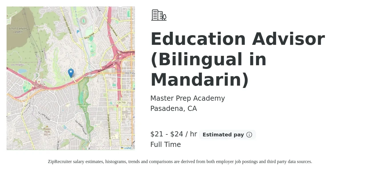 Master Prep Academy job posting for a Education Advisor (Bilingual in Mandarin) in Pasadena, CA with a salary of $22 to $25 Hourly with a map of Pasadena location.