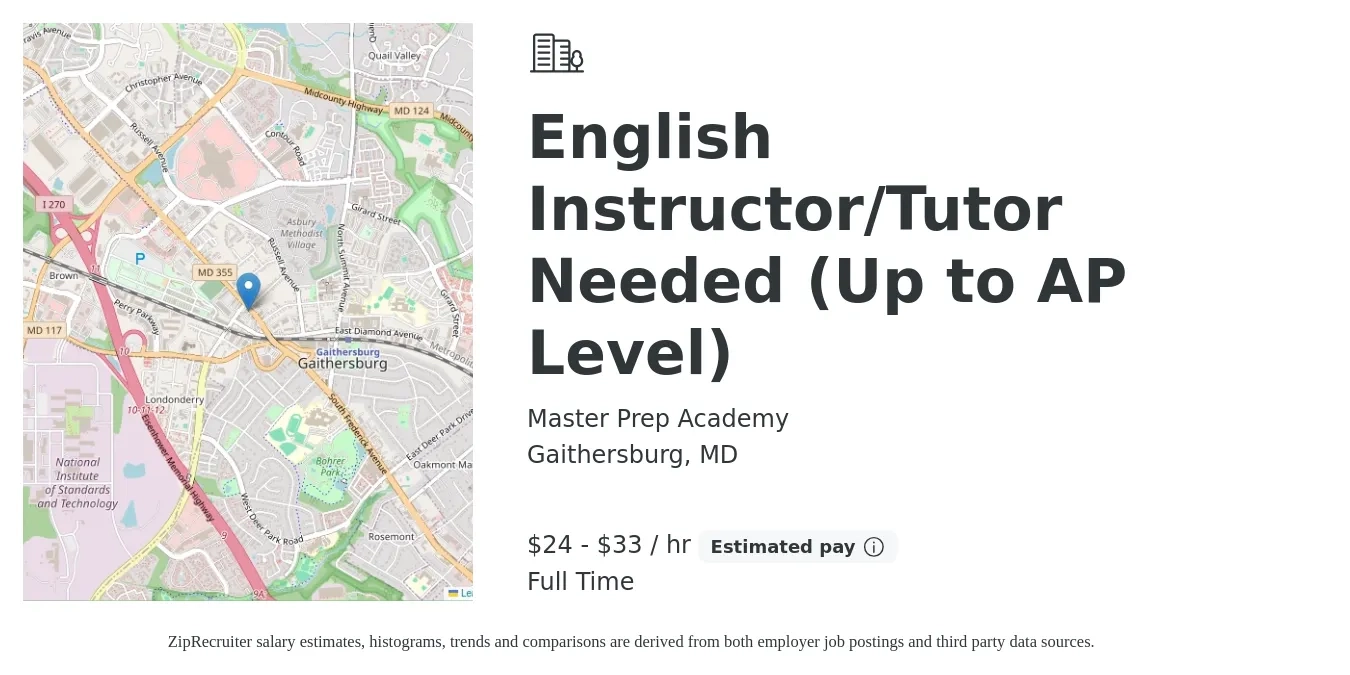 Master Prep Academy job posting for a English Instructor/Tutor Needed (Up to AP Level) in Gaithersburg, MD with a salary of $25 to $35 Hourly with a map of Gaithersburg location.