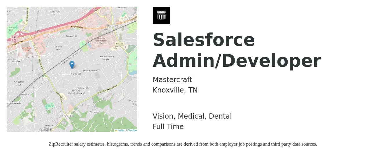 Mastercraft job posting for a Salesforce Admin/Developer in Knoxville, TN with a salary of $72,100 to $113,600 Yearly and benefits including pto, vision, dental, life_insurance, and medical with a map of Knoxville location.