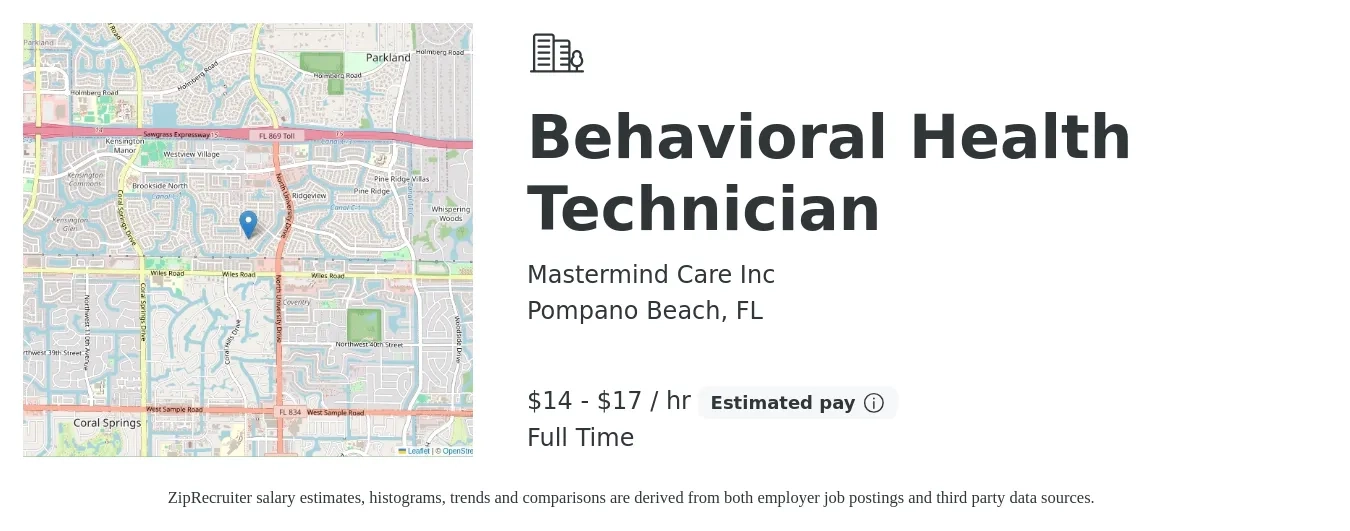 Mastermind Care Inc job posting for a Behavioral Health Technician in Pompano Beach, FL with a salary of $15 to $18 Hourly with a map of Pompano Beach location.
