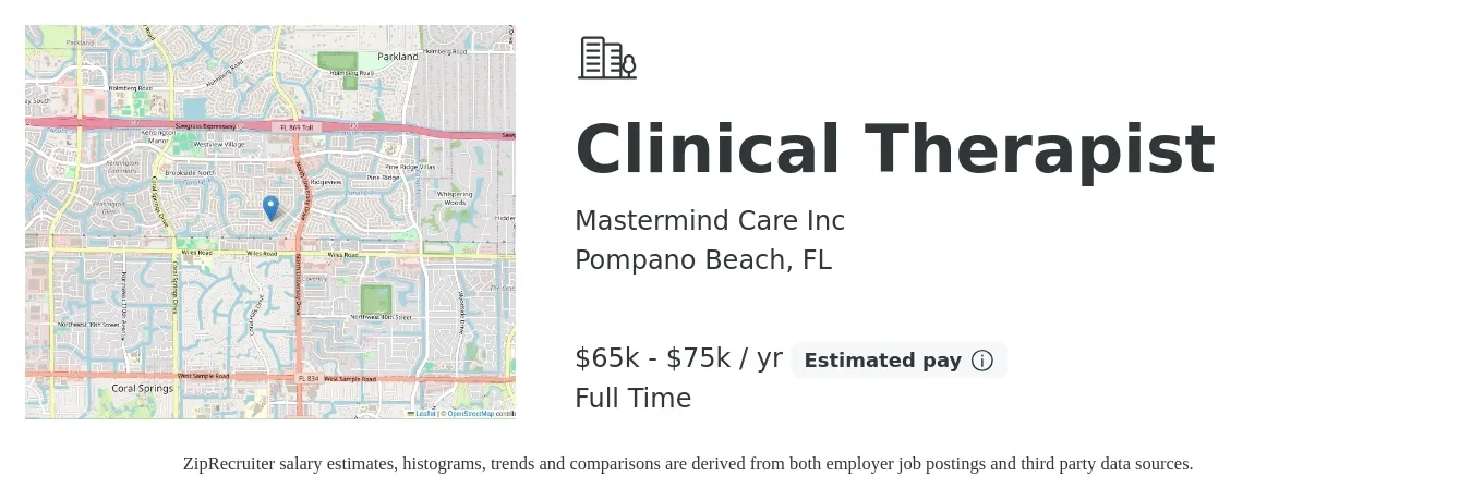 Mastermind Care Inc job posting for a Clinical Therapist in Pompano Beach, FL with a salary of $65,000 to $75,000 Yearly with a map of Pompano Beach location.