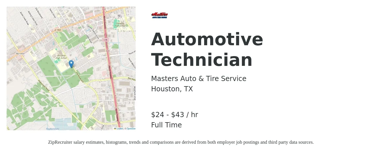Masters Auto & Tire Service job posting for a Automotive Technician in Houston, TX with a salary of $25 to $45 Hourly with a map of Houston location.