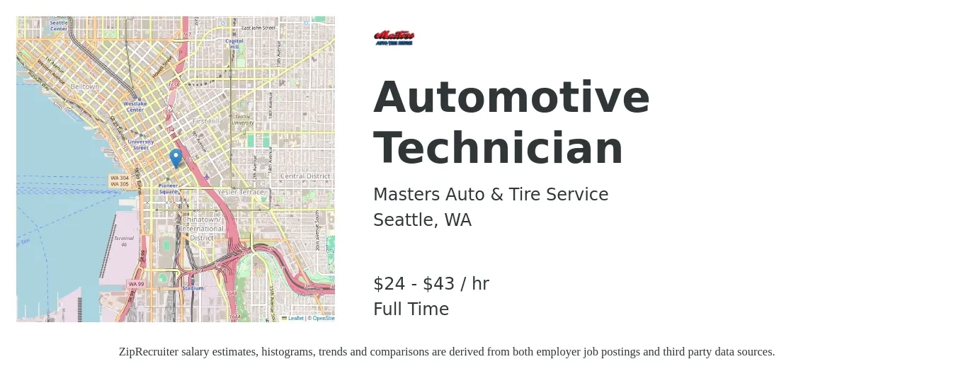 Masters Auto & Tire Service job posting for a Automotive Technician in Seattle, WA with a salary of $25 to $45 Hourly with a map of Seattle location.