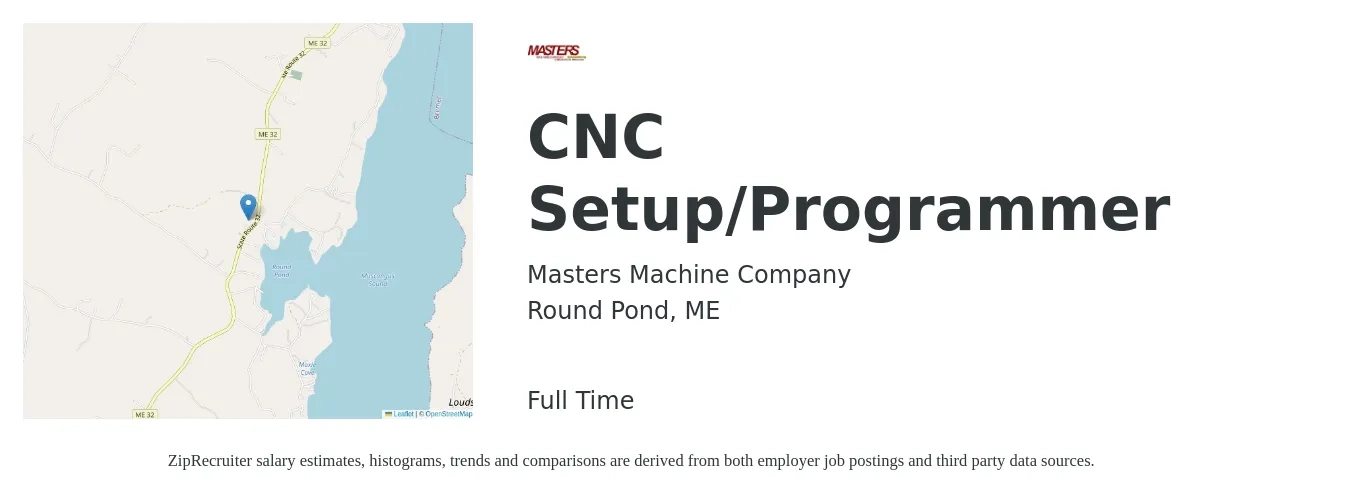 Masters Machine Company job posting for a CNC Setup/Programmer in Round Pond, ME with a salary of $27 to $37 Hourly with a map of Round Pond location.