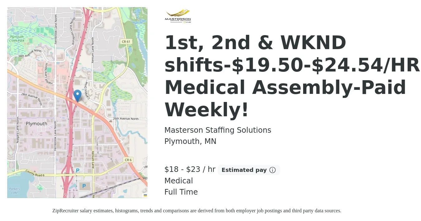 Masterson Staffing Solutions job posting for a 1st, 2nd & WKND shifts-$19.50-$24.54/HR- Medical Assembly-Paid Weekly! in Plymouth, MN with a salary of $20 to $25 Hourly and benefits including medical with a map of Plymouth location.