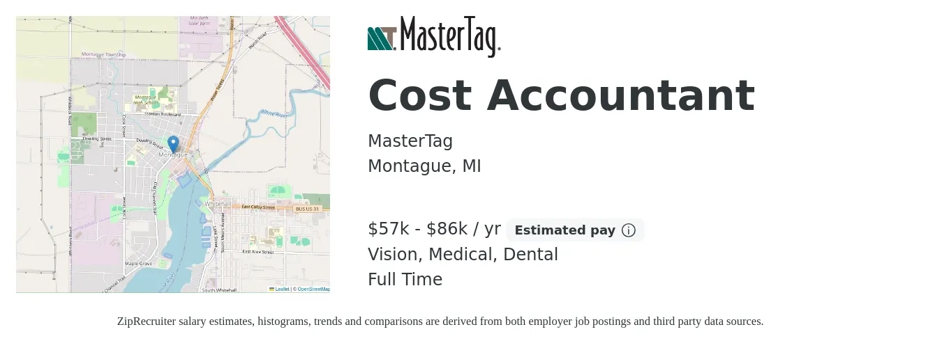 MasterTag job posting for a Cost Accountant in Montague, MI with a salary of $57,990 to $86,986 Yearly and benefits including dental, life_insurance, medical, pto, retirement, and vision with a map of Montague location.