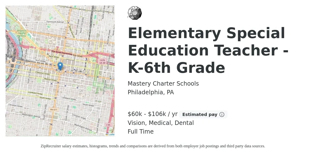 Mastery Charter Schools job posting for a Elementary Special Education Teacher - K-6th Grade in Philadelphia, PA with a salary of $55,000 to $101,500 Yearly and benefits including vision, dental, life_insurance, medical, pto, and retirement with a map of Philadelphia location.