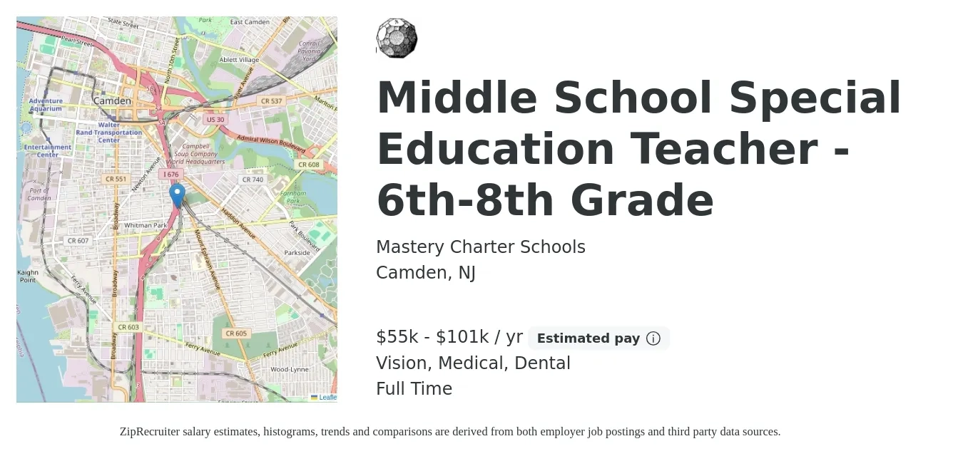 Mastery Charter Schools job posting for a Middle School Special Education Teacher - 6th-8th Grade in Camden, NJ with a salary of $55,000 to $101,500 Yearly and benefits including life_insurance, medical, pto, retirement, vision, and dental with a map of Camden location.