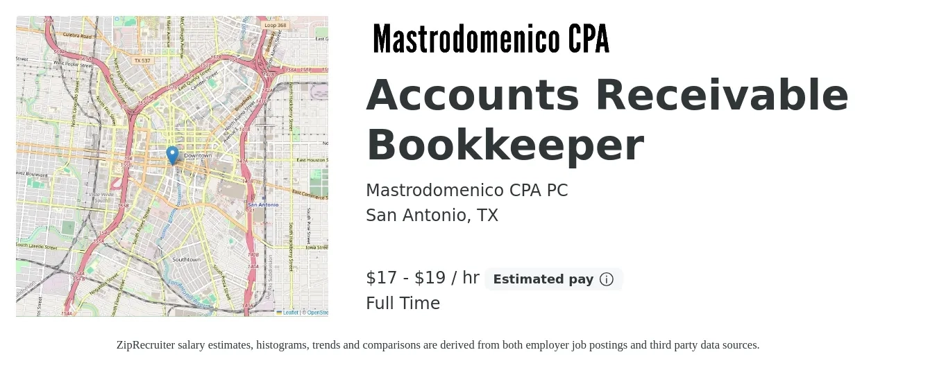 Mastrodomenico CPA PC job posting for a Accounts Receivable Bookkeeper in San Antonio, TX with a salary of $18 to $20 Hourly and benefits including pto, and retirement with a map of San Antonio location.