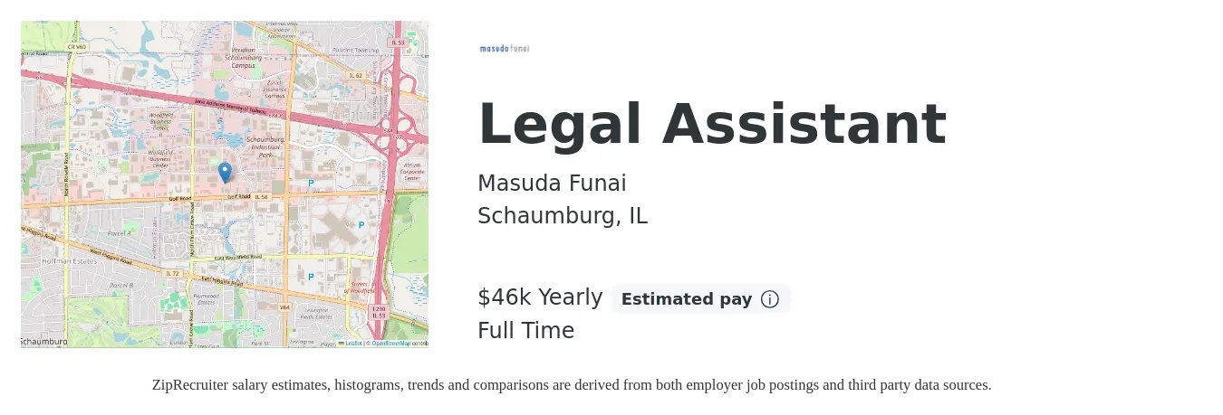 Masuda Funai job posting for a Legal Assistant in Schaumburg, IL with a salary of $46,500 Yearly with a map of Schaumburg location.