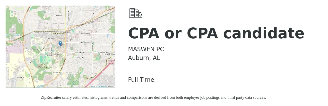 MASWEN PC job posting for a CPA or CPA candidate in Auburn, AL with a salary of $62,700 to $86,100 Yearly with a map of Auburn location.