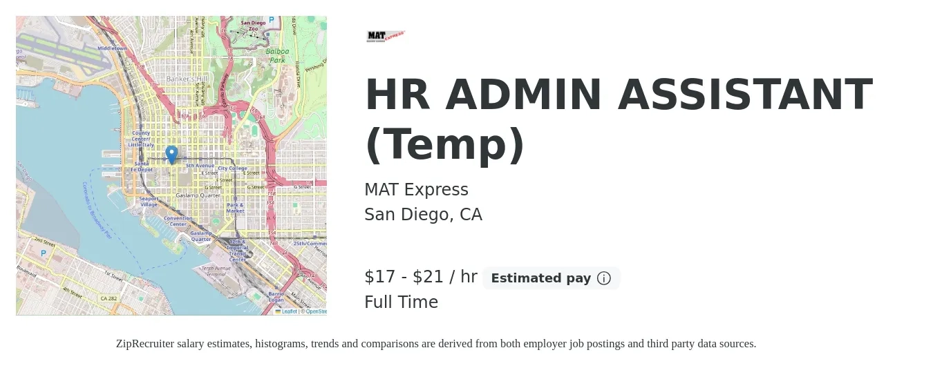 MAT Express job posting for a HR ADMIN ASSISTANT (Temp) in San Diego, CA with a salary of $18 to $22 Hourly with a map of San Diego location.