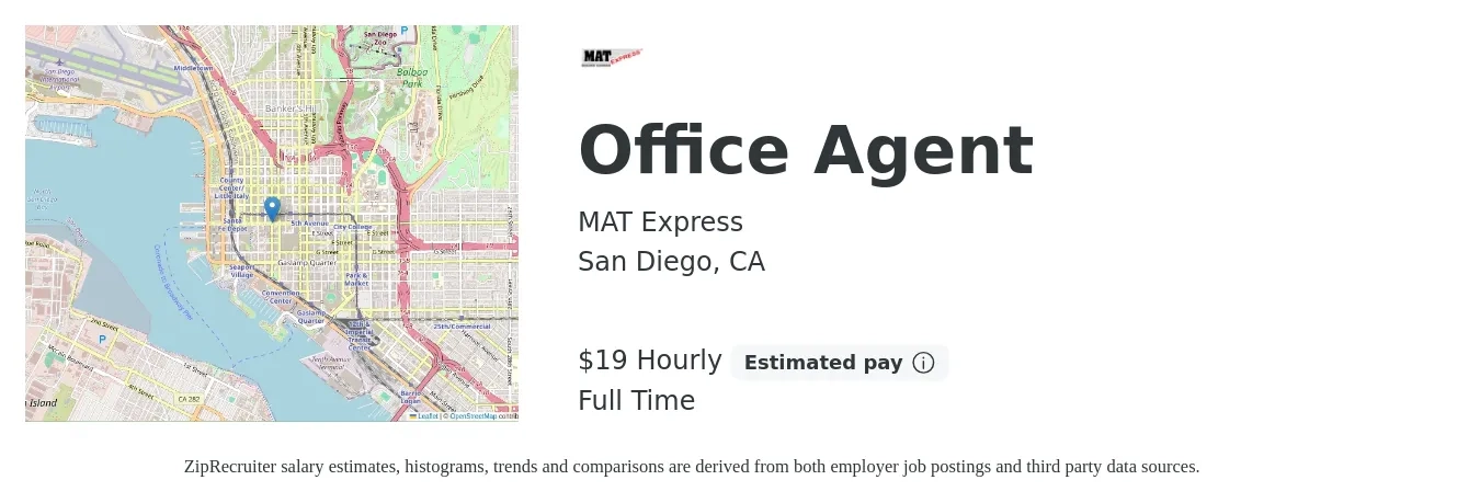MAT Express job posting for a Office Agent in San Diego, CA with a salary of $20 Hourly with a map of San Diego location.