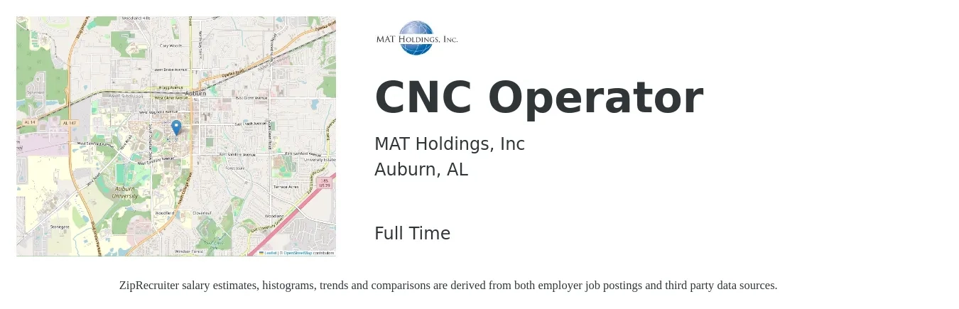 MAT Holdings, Inc job posting for a CNC Operator in Auburn, AL with a salary of $17 to $23 Hourly with a map of Auburn location.