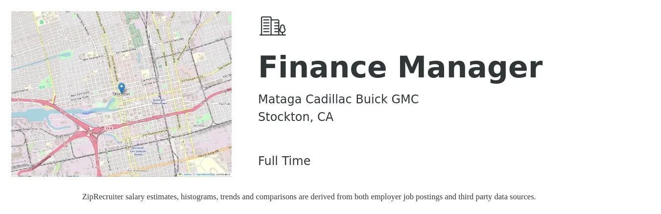 Mataga Cadillac Buick GMC job posting for a Finance Manager in Stockton, CA with a salary of $99,500 to $177,000 Yearly with a map of Stockton location.