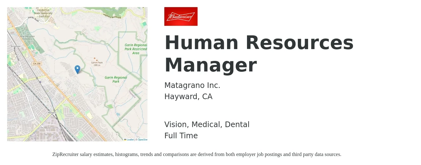 Matagrano Inc. job posting for a Human Resources Manager in Hayward, CA with a salary of $79,100 to $114,600 Yearly and benefits including retirement, vision, dental, life_insurance, and medical with a map of Hayward location.