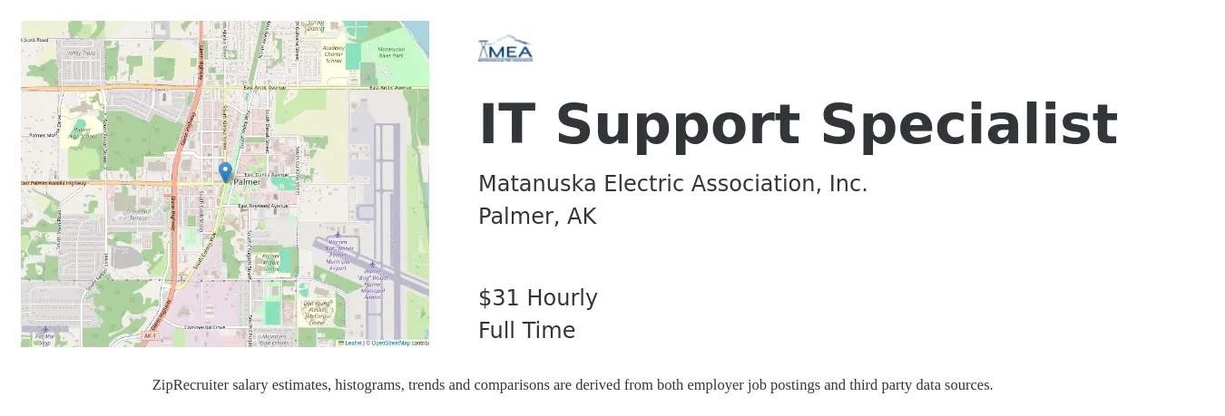 Matanuska Electric Association, Inc. job posting for a IT Support Specialist in Palmer, AK with a salary of $33 Hourly with a map of Palmer location.