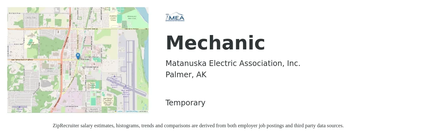 Matanuska Electric Association, Inc. job posting for a Mechanic in Palmer, AK with a salary of $20 to $30 Hourly with a map of Palmer location.