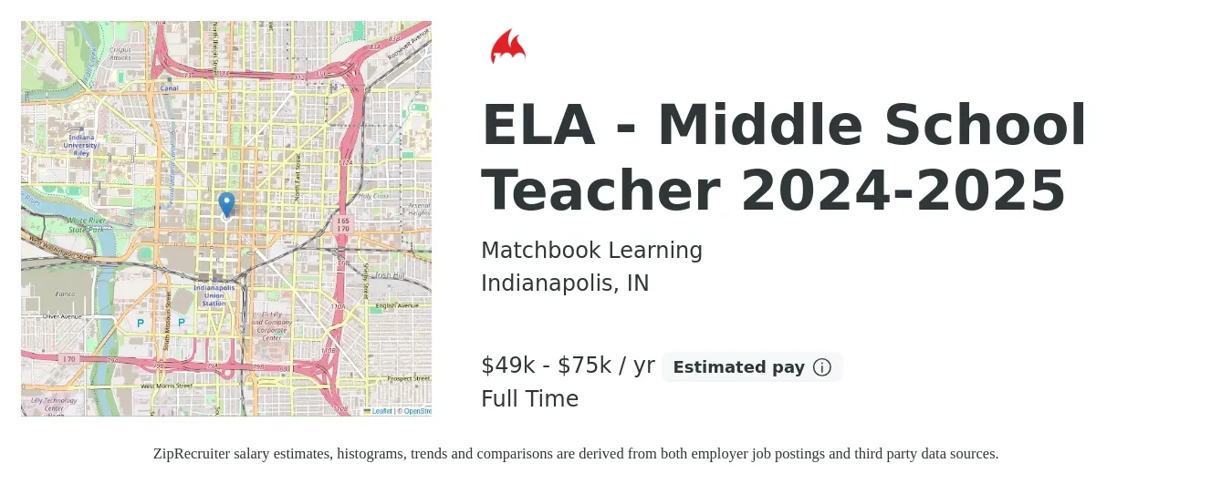 Matchbook Learning job posting for a ELA - Middle School Teacher 2024-2025 in Indianapolis, IN with a salary of $49,000 to $75,000 Yearly with a map of Indianapolis location.